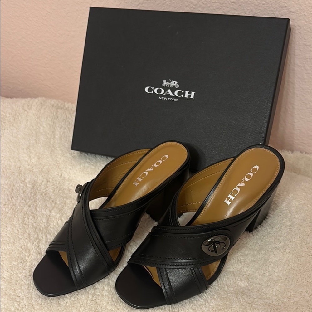 Coach Black Mules with Leather Crisscross Design
